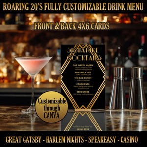 Roaring 20s Custom Cocktail Menu | Great Gatsby Party | Masquerade Ball | Casino | Speakeasy | Black & Gold | Birthday | Wedding PRINTABLE
