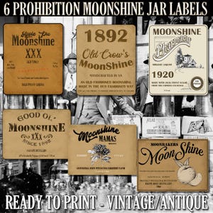 Vintage Moonshine Glas- / Flaschenetiketten der Prohibitionsparty - Realistische Antik, hohe Qualität, fertig zum Drucken. Bootleggers, Sprechblase, Gatsby