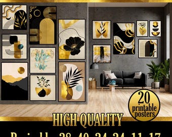 Czarno-złota sztuka ścienna, jaskrawe kolory lat 20., nadruki boho z Gatsbym (20 cyfrowych wydruków DIY)