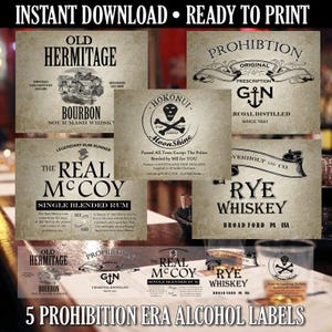 Prohibition Era Alcohol Label Set, Speakeasy Decor (Digital Download)
