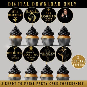 Décorations pour cupcakes Années 20 | Interdiction, Speakeasy, Harlem Nights, Great Gatsby | Prêt à imprimer | Déco de fête | Noir, or