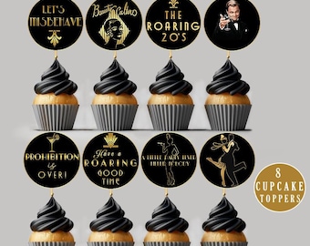 Roaring 20s Cupcake Toppers | Black and Gold Party Decorations (Digital Download)