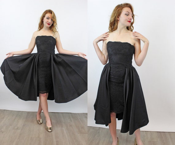 1980s Black and Blue Asymmetrical Strapless High Cut Front Hostess Overskirt Formal Cocktail Dress