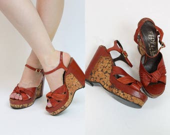 1970s Shoes ElDita's Platforms Size 8.5 /  70s Vintage Cork Wedges /  Cherry Red Shoes