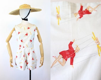 1950s MARIONETTE novelty print fabric romper xs | new spring summer