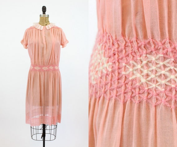 1920s cotton day dress xs small | vintage smocked… - image 1