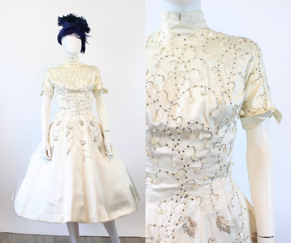 1950s RARE Ceil Chapman rhinestone beaded dress x… - image 1