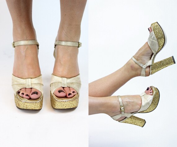 1970's gold platforms | glitter heel peep toes | s