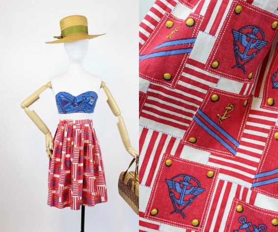 1960s nautical anchor print skirt xs | novelty pri