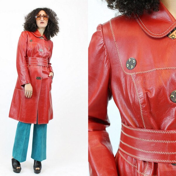 70s Coat Brass Rivets Leather S M  / 1970s Coat Red Belted Trenchcoat / Wild Thyme Jacket