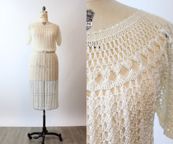 1930s RAYON knit dress PUFF SLEEVES medium large … - image 1