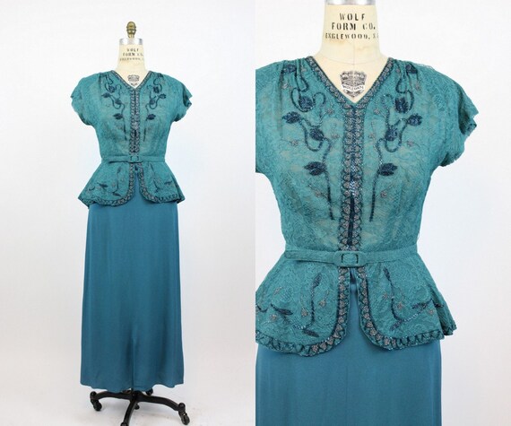 1940s turquoise beaded lace gown medium large | vi