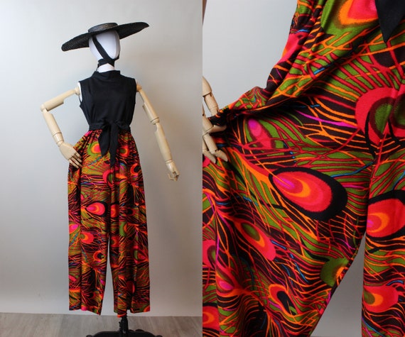 1960s PEACOCK Print JUMPSUIT Medium New Spring Summer - Etsy
