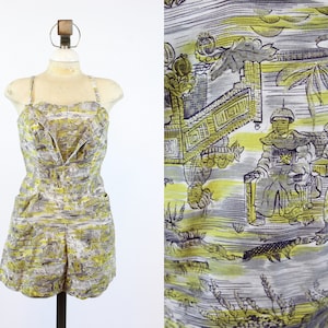 1950s novelty print romper playsuit medium | vintage cotton swimsuit | new spring summer