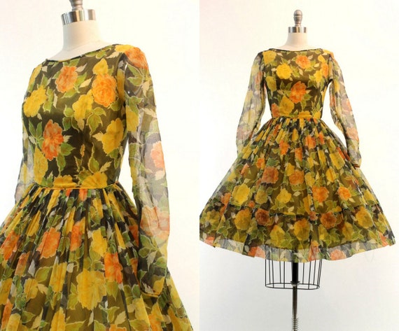 1950s organza dress | floral rose print | xs