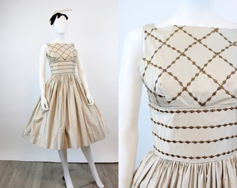 1950s CANDI JONES polished cotton GOLD dress xxs | new fall