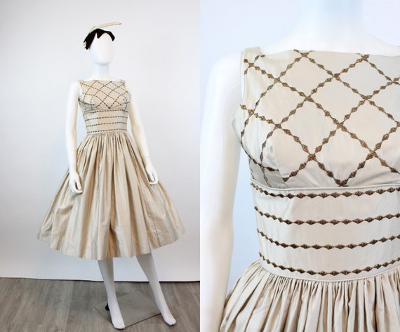 1950s CANDI JONES polished cotton GOLD dress xxs … - image 1