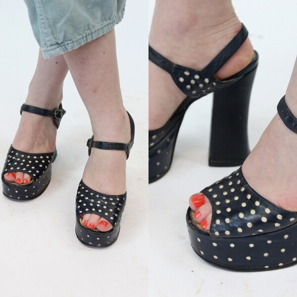 1970s does 1940s platform polka dot shoes size 5 us | vintage leather sandals peep toes | new in