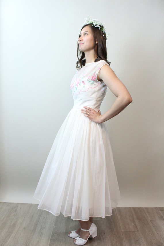 1950s ORGANZA PINK ROSE embroidered dress xxs  | … - image 8
