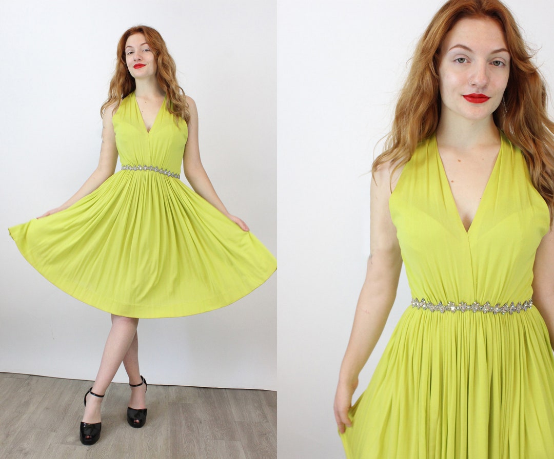 1960s KIKI HART Chartreuse HALTER Silk Jersey Dress Xs New