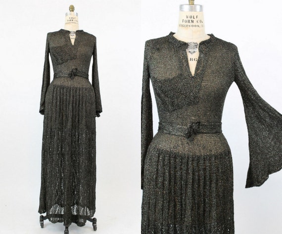 1970s bell sleeve dress | lurex maxi knit | medium