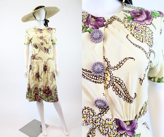 1930s rayon jersey floral dress xs | vintage side