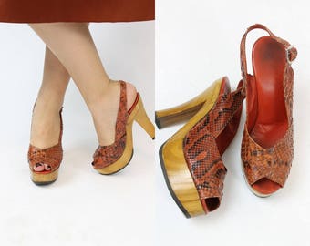 1970s snake wood platforms shoes Size 4.5 us | slingback peep toes