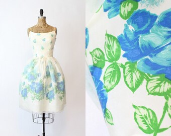 1950s blue roses dress | vintage organza cocktail dress | xs