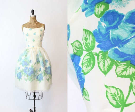 1950s blue roses dress | vintage organza cocktail… - image 1