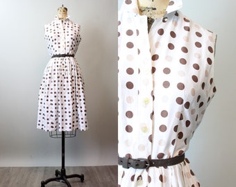 1950s POLKA DOT cotton shirt dress small | new spring summer