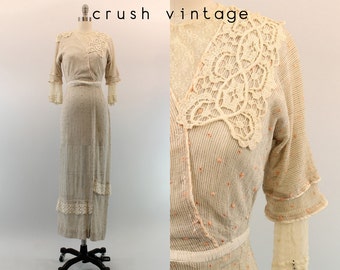 1910s Edwardian Lace Dress XXS / 1910 Antique Swiss Dot Gown / Tendu Dress