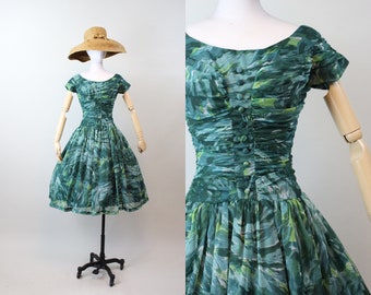 1950s ORGANZA moody print dress xs | new winter