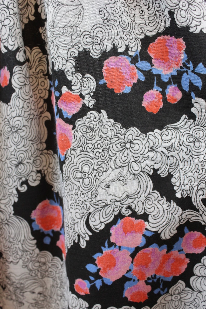 1970s FACE print art nouveau angel sleeve dress small new spring