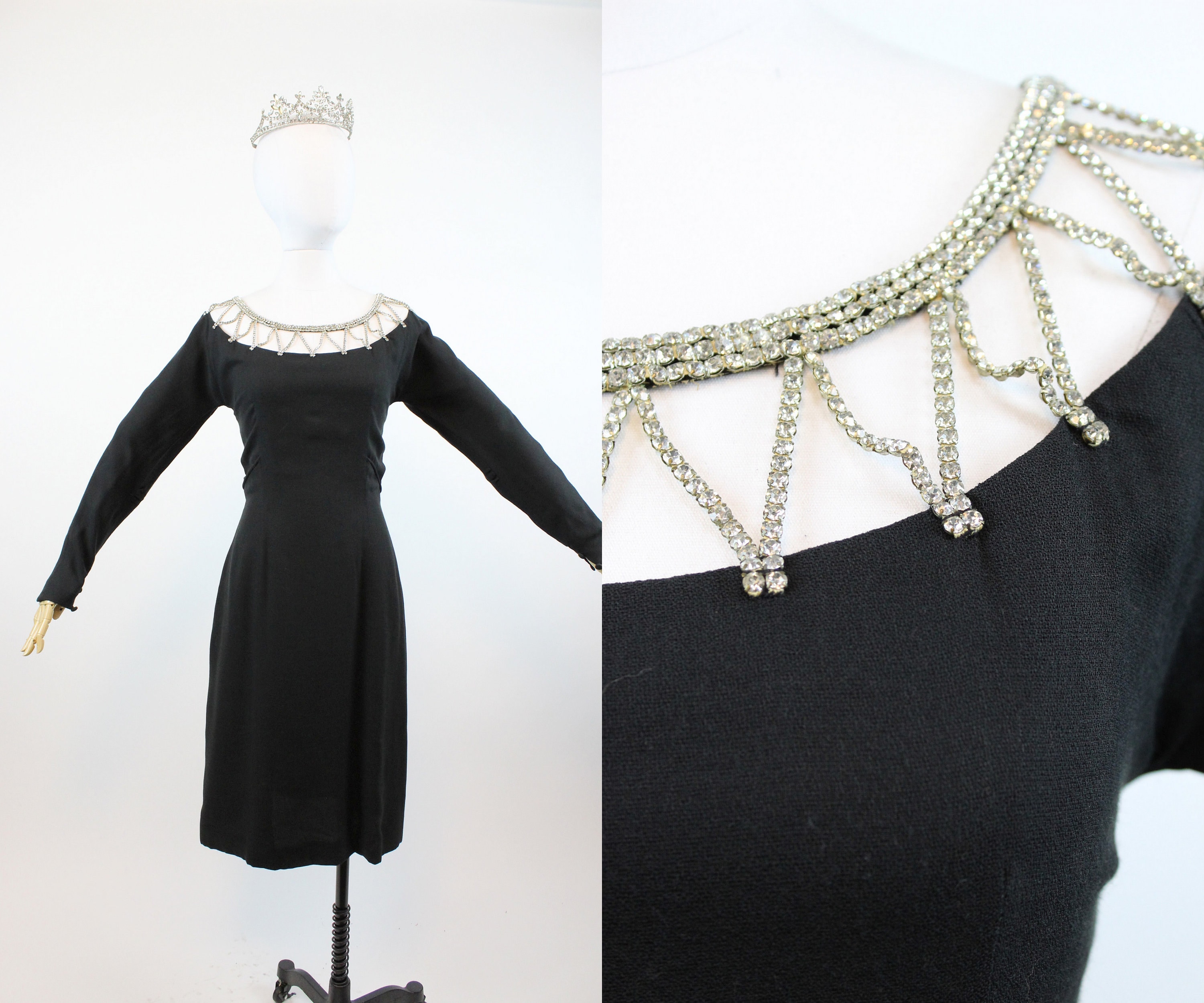 60s -70s Jewelry – Necklaces, Earrings, Rings, Bracelets 1960S Rhinestone Necklace Dress Small  Vintage Wiggle New In $224.00 AT vintagedancer.com