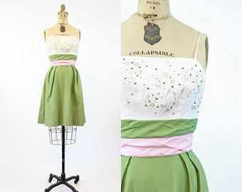 1950s studded rhinestone cotton pique dress xs | vintage wiggle dress | new in