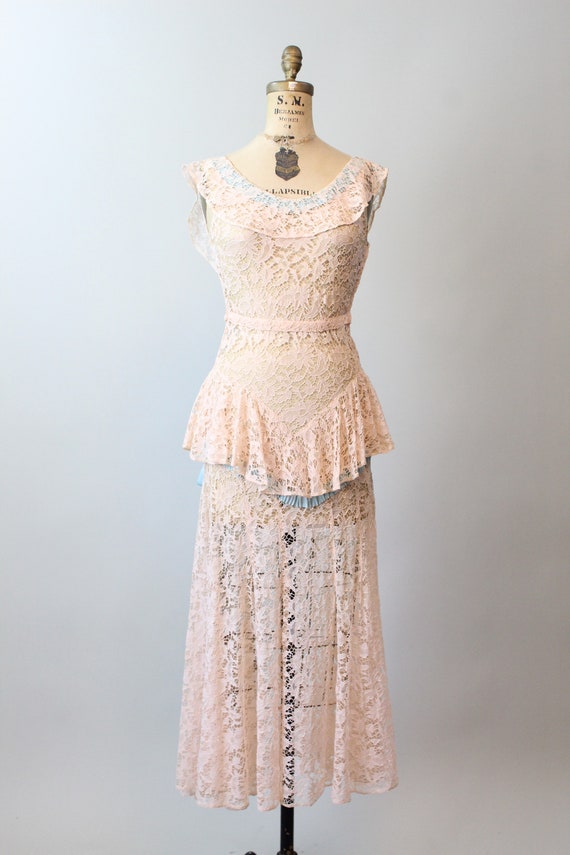 1930s PEACH LACE blue ribbon gown WEDDING dress x… - image 2