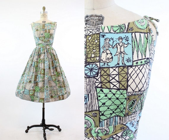 1950s novelty print dress xs | vintage wedding sc… - image 1