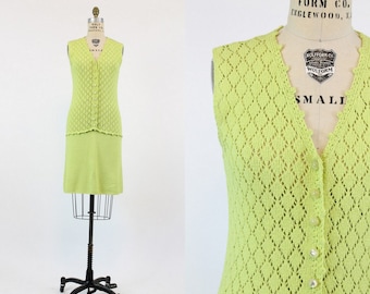 1970s St John Knits chartruese dress | vintage crochet knit sweater dress | small