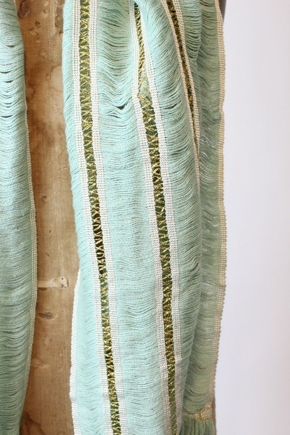 1950s gold and pistachio scarf | vintage fringe w… - image 3