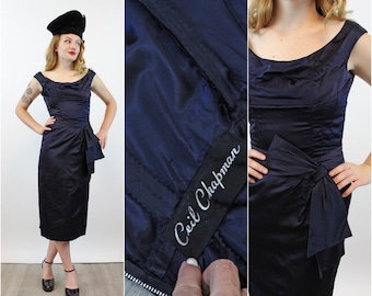 1950s CEIL CHAPMAN navy silk DRAPED dress xs | new spring summer