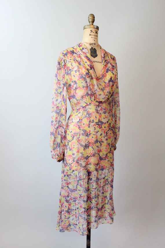 1930s SHEER tissue silk BALLOON SLEEVES floral dress … - Gem