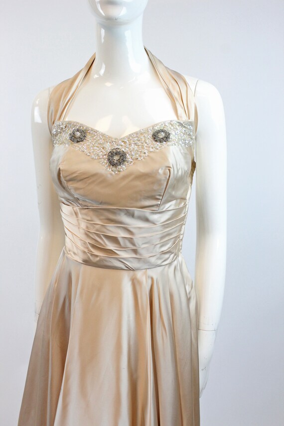 1950s nude satin beaded sequin halter dress | vin… - image 3