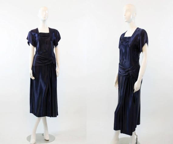 1940s liquid satin draped dress | navy small gown