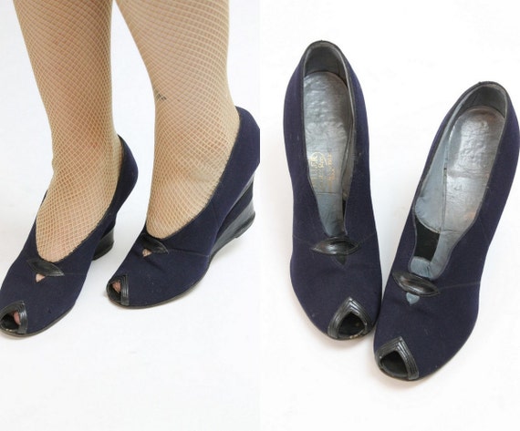 1940s navy fabric wedges size 5.5-6 us | vintage p