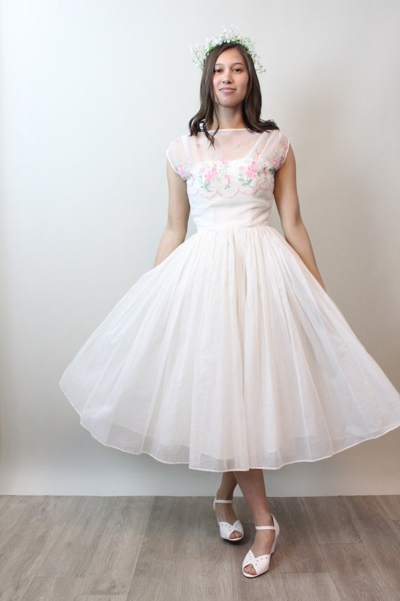 1950s ORGANZA PINK ROSE embroidered dress xxs  | … - image 3