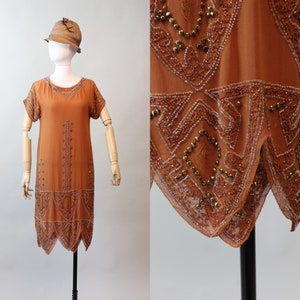 Vestido raro de los años 20 con cuentas de calabaza y TACHUELAS DE ORO, talla XS pequeña, nuevo otoño invierno