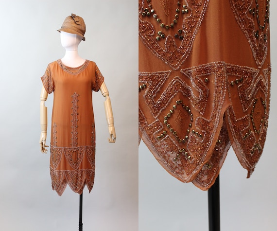 1920s rare PUMPKIN beaded GOLD STUD dress xs smal… - image 1