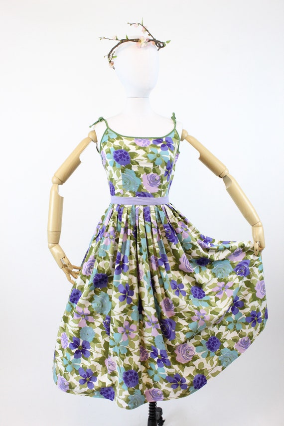 1950s floral dress | cotton rose print tie strap … - image 2