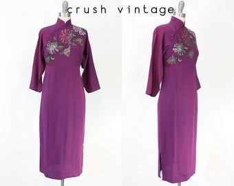 1940s sequin dress cheongsam | vintage purple rayon beaded qi pao | small