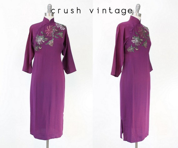 1940s sequin dress cheongsam | vintage purple ray… - image 1